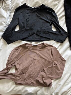 ZARA Black and Taupe Long Sleeve Crewneck Tops - Set of 2
